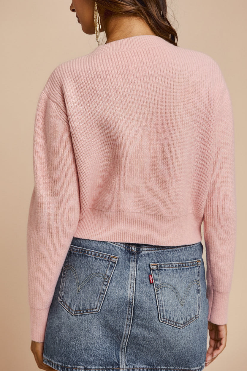 Rosaleen | Cardigan Rose Écourté en Tricot avec Boutons en Cœur