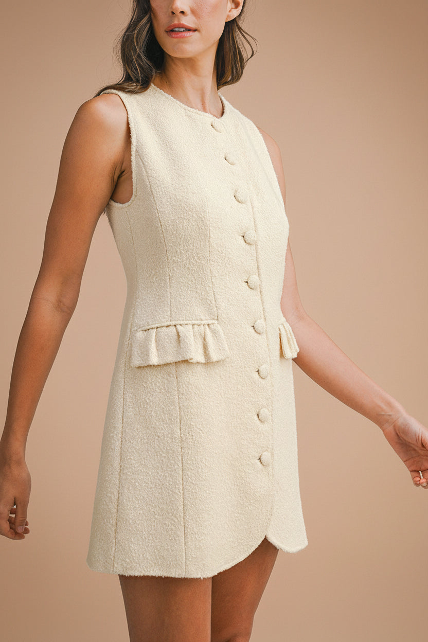 side of a woman wearing Rosamund Short Button-Up Tweed Dress with Pockets from Boutique 1861