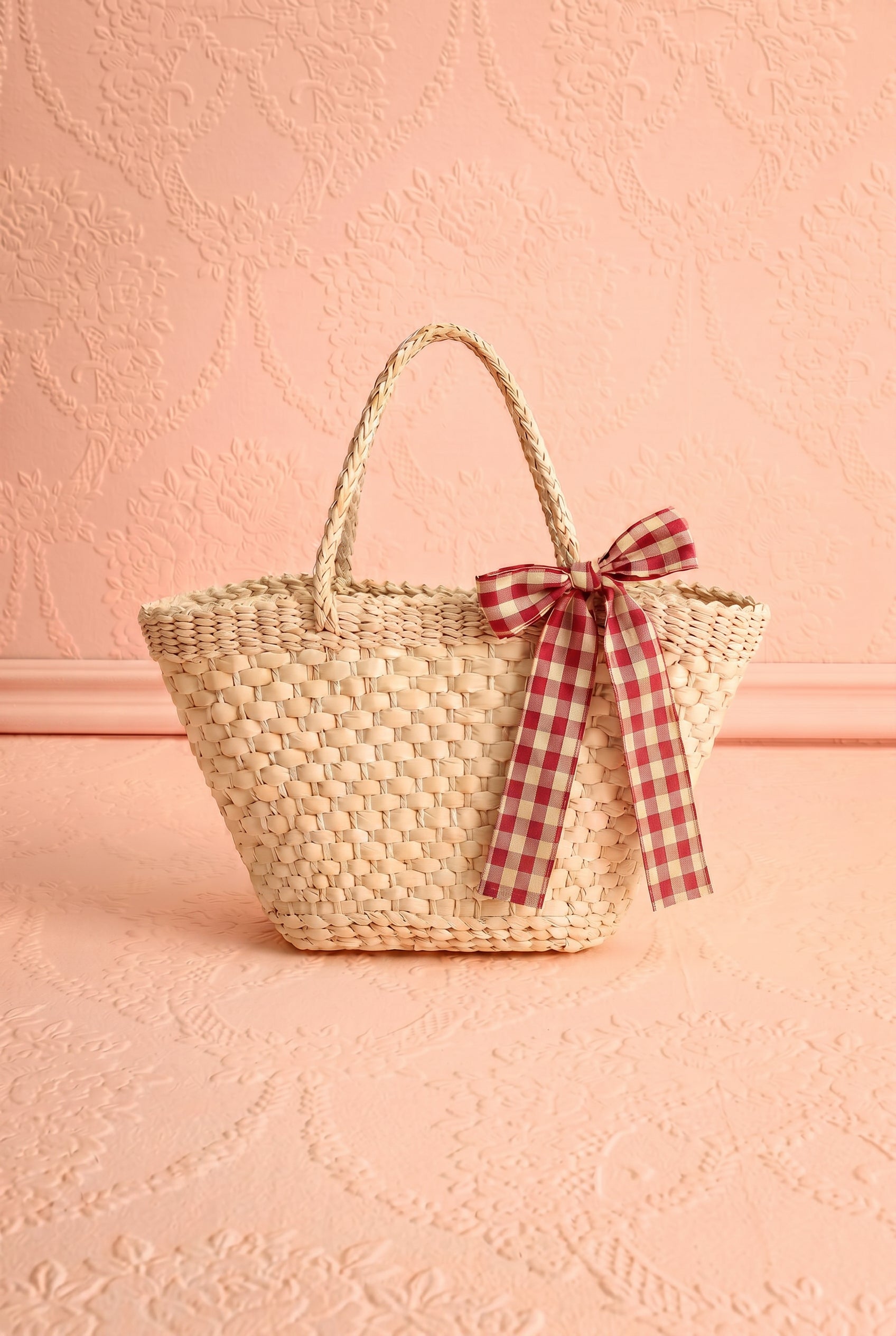 Ripple Woven Straw Handbag with Checkered Bow from boutique 1861