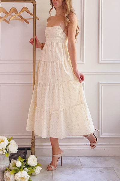Hella Tiered Beige Midi Dress w/ Polka Dots | Boutique 1861 on model