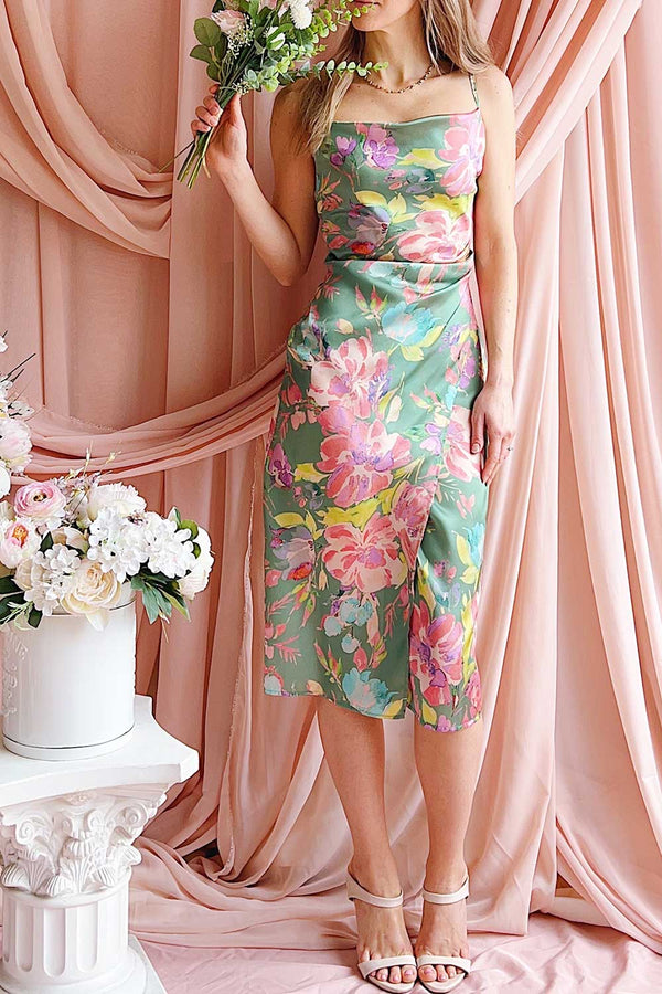 Iridienne Floral Cowl Neck Satin Midi Slip Dress Boutique 1861