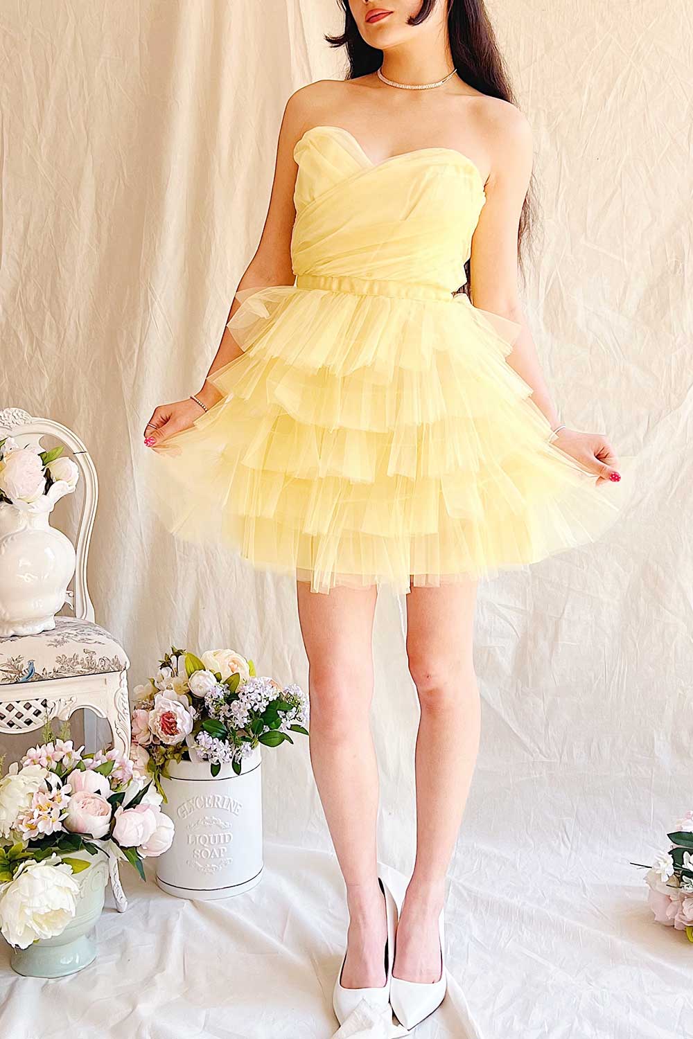 Myrah Yellow Strapless Tiered Tulle Short Dress | Boutique 1861