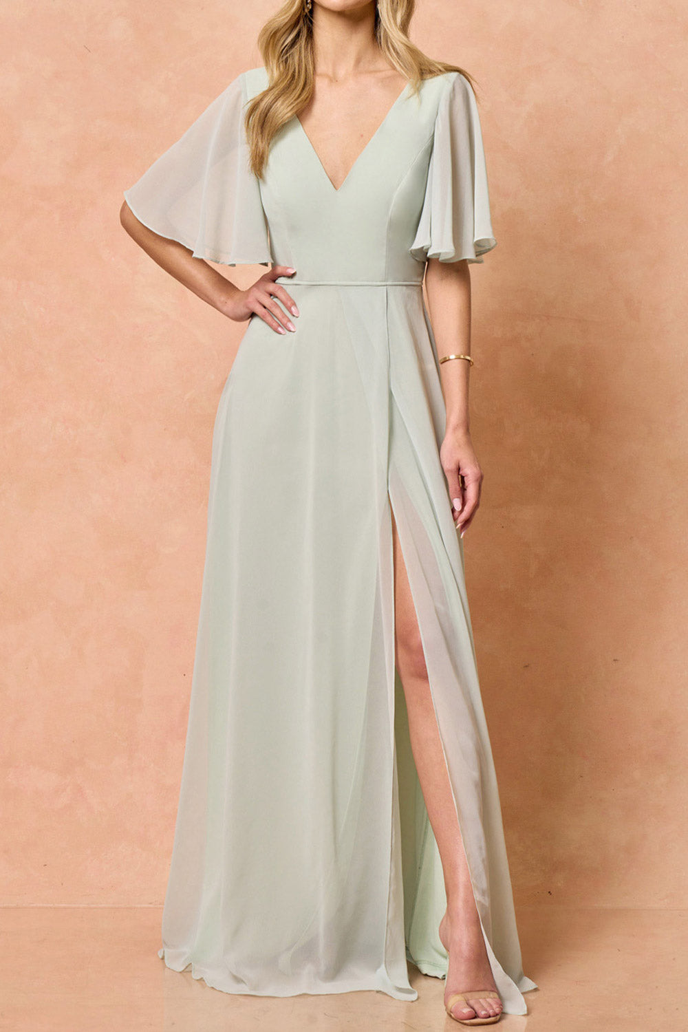 Adelphia Rust V-neck Chiffon Maxi Dress | Boutique 1861 model sage