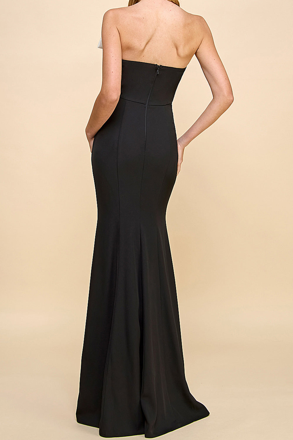 Alphys Black Mermaid Maxi Dress w/ Removable Bow | Boutique 1861 back on model
