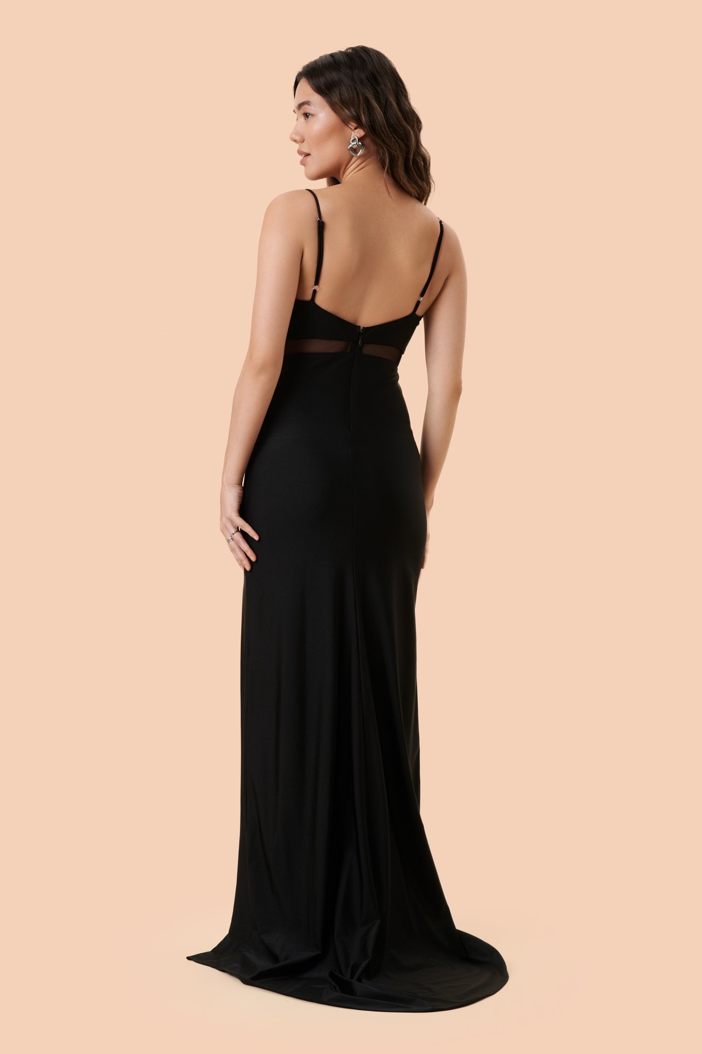 Angelina Black | Maxi Dress w/ Mesh Underbust on model back