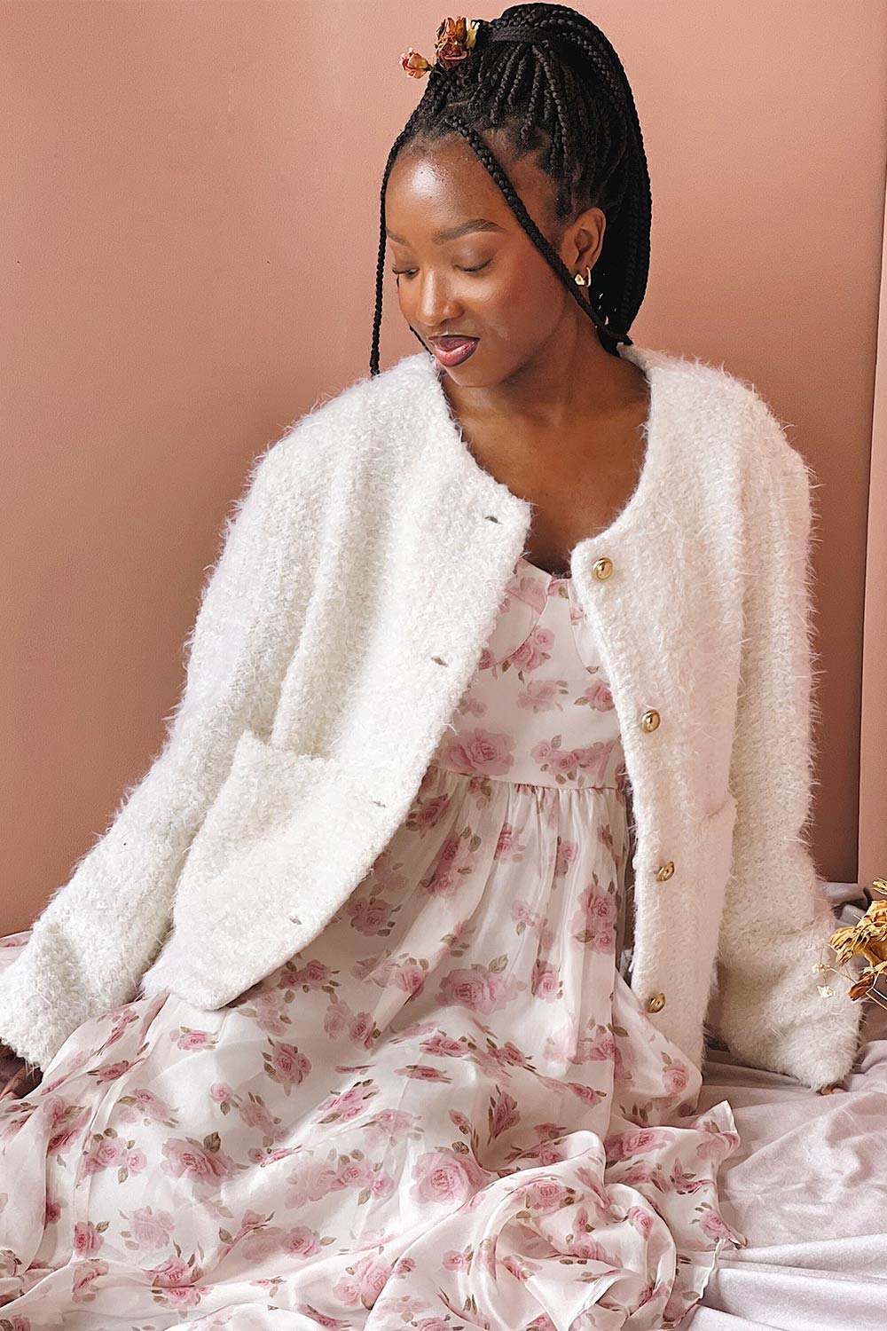 Avalee White | Fuzzy Knit Cardigan w/ Pockets on model boutique 1861