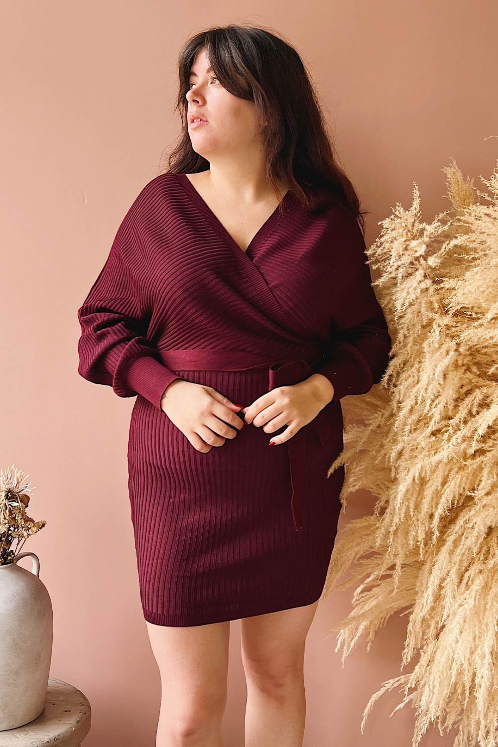 Bergame Burgundy | Knitted Wrap Dress on model