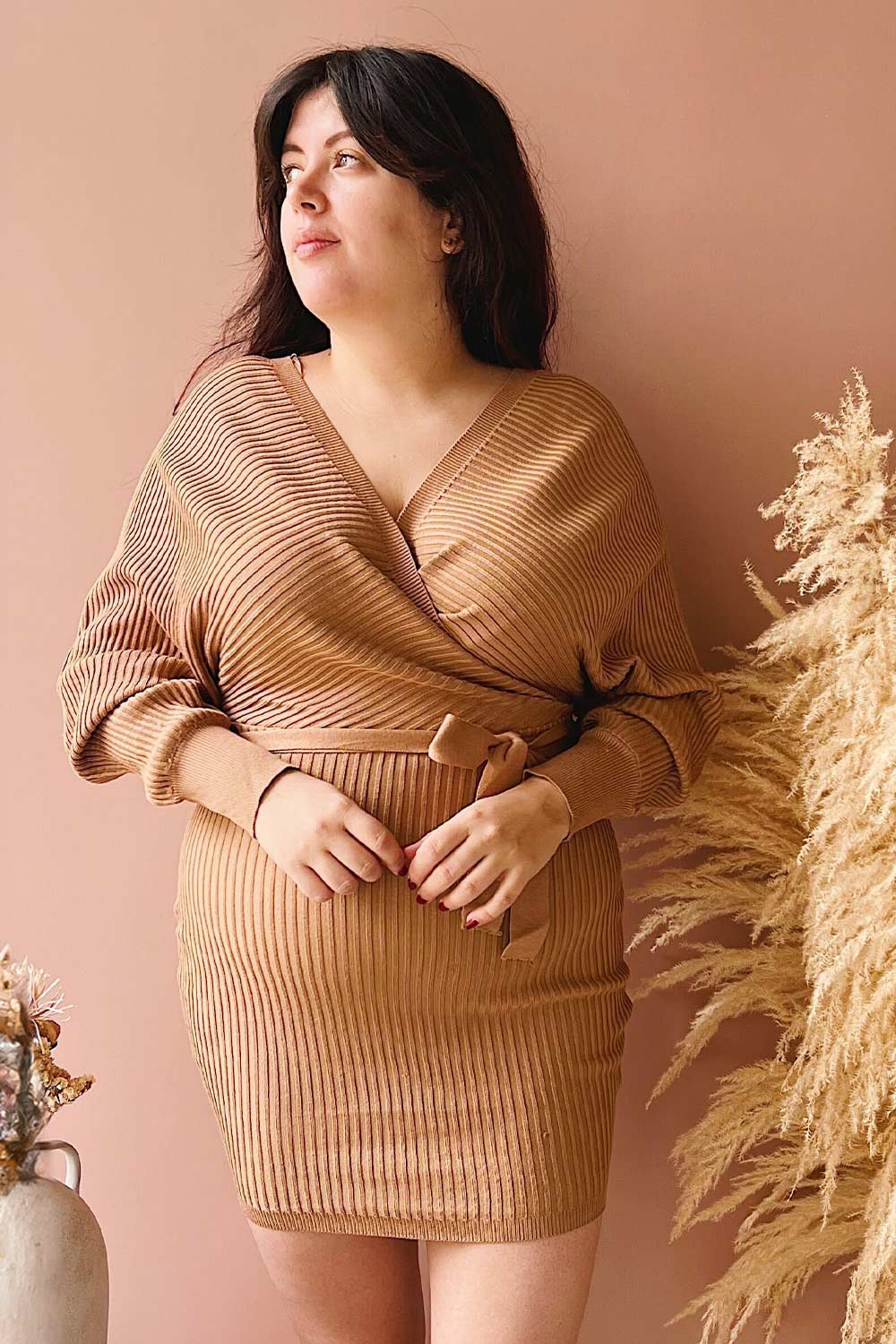 Bergame Caramel | Knitted Wrap Dress on model