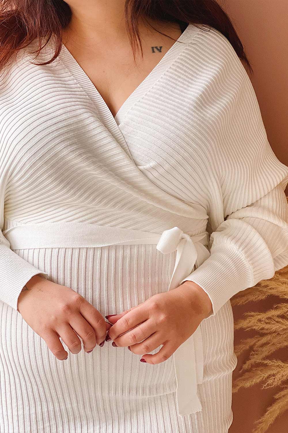 Bergame Ivory | Knitted Wrap Dress on model closeup