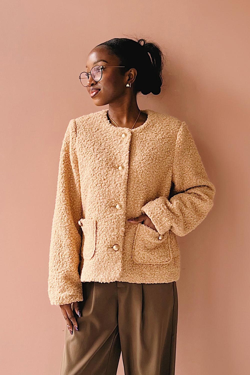 Bryansk | Beige Curly Knit Jacket on model