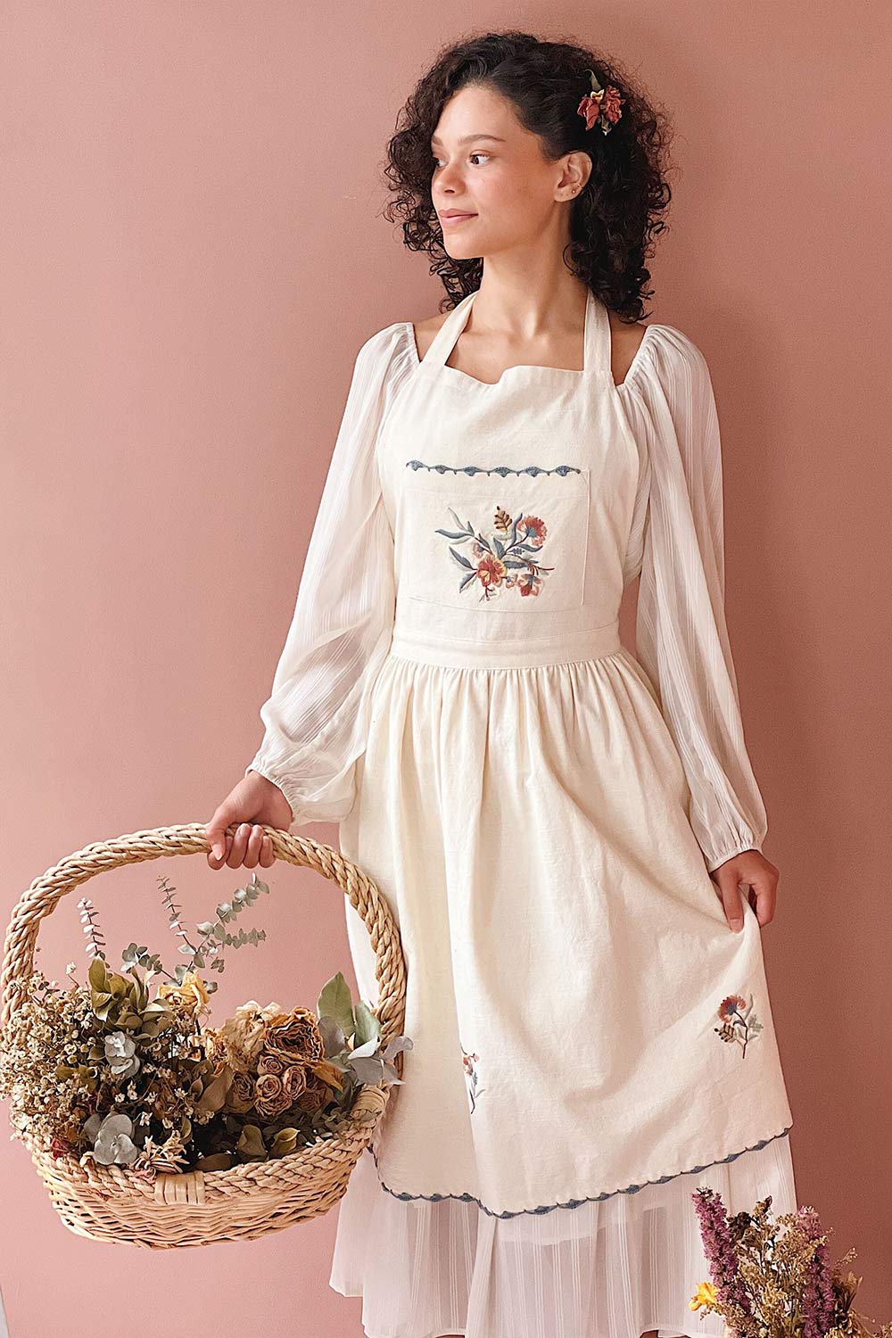 Elfinie | Embroidered Beige Apron on model boutique 1861