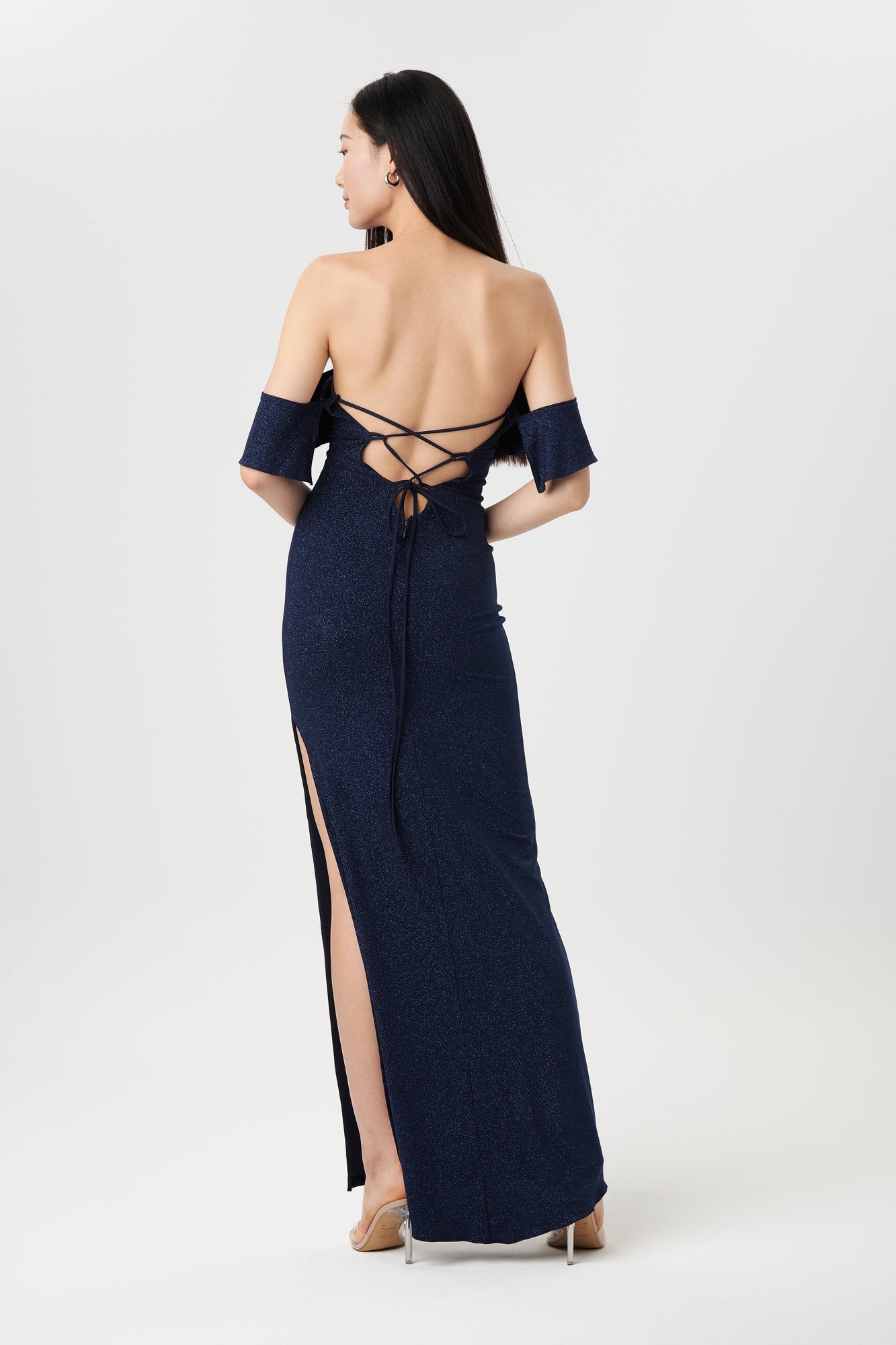 Emily Navy | Glittery Mermaid Maxi Dress on model back