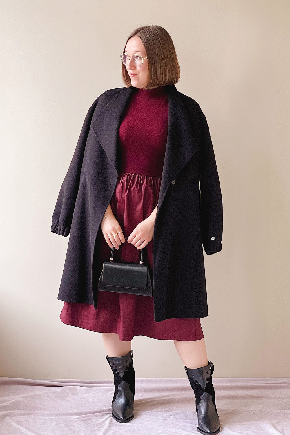 Frell Burgundy | Midi Dress w/ Mock Neck on model boutique 1861