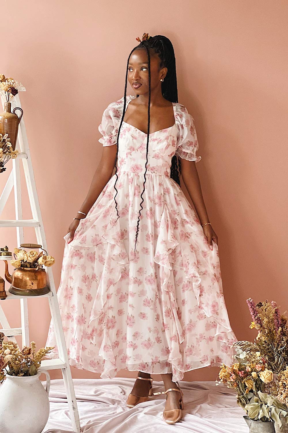 Guerissa | Long Floral Dress w/ Ruffles on model boutique 1861