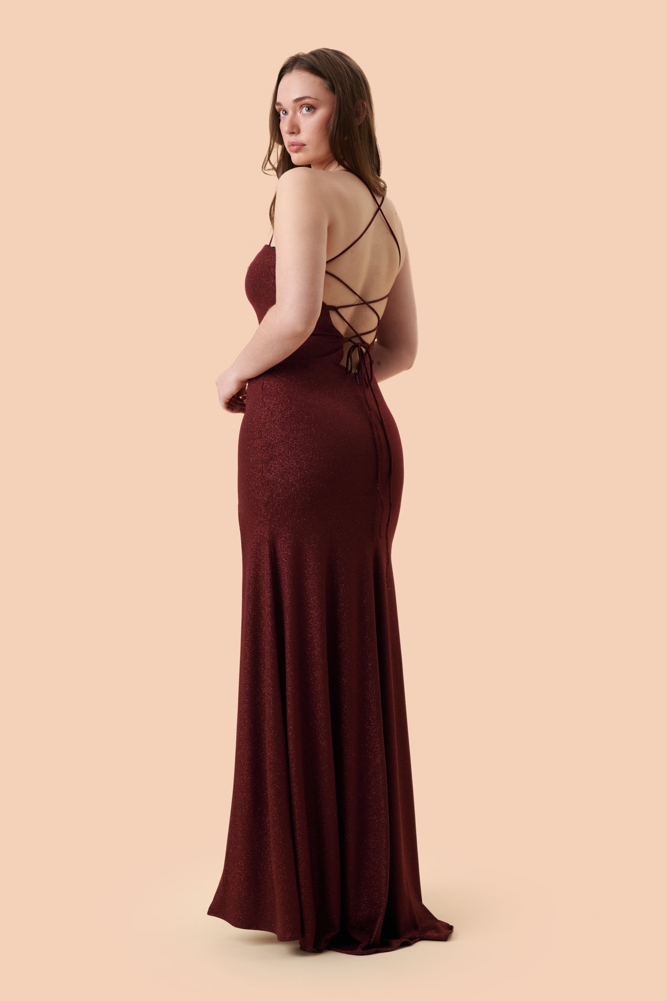 Milah Burgundy | Glittery Mermaid Maxi Dress on model back
