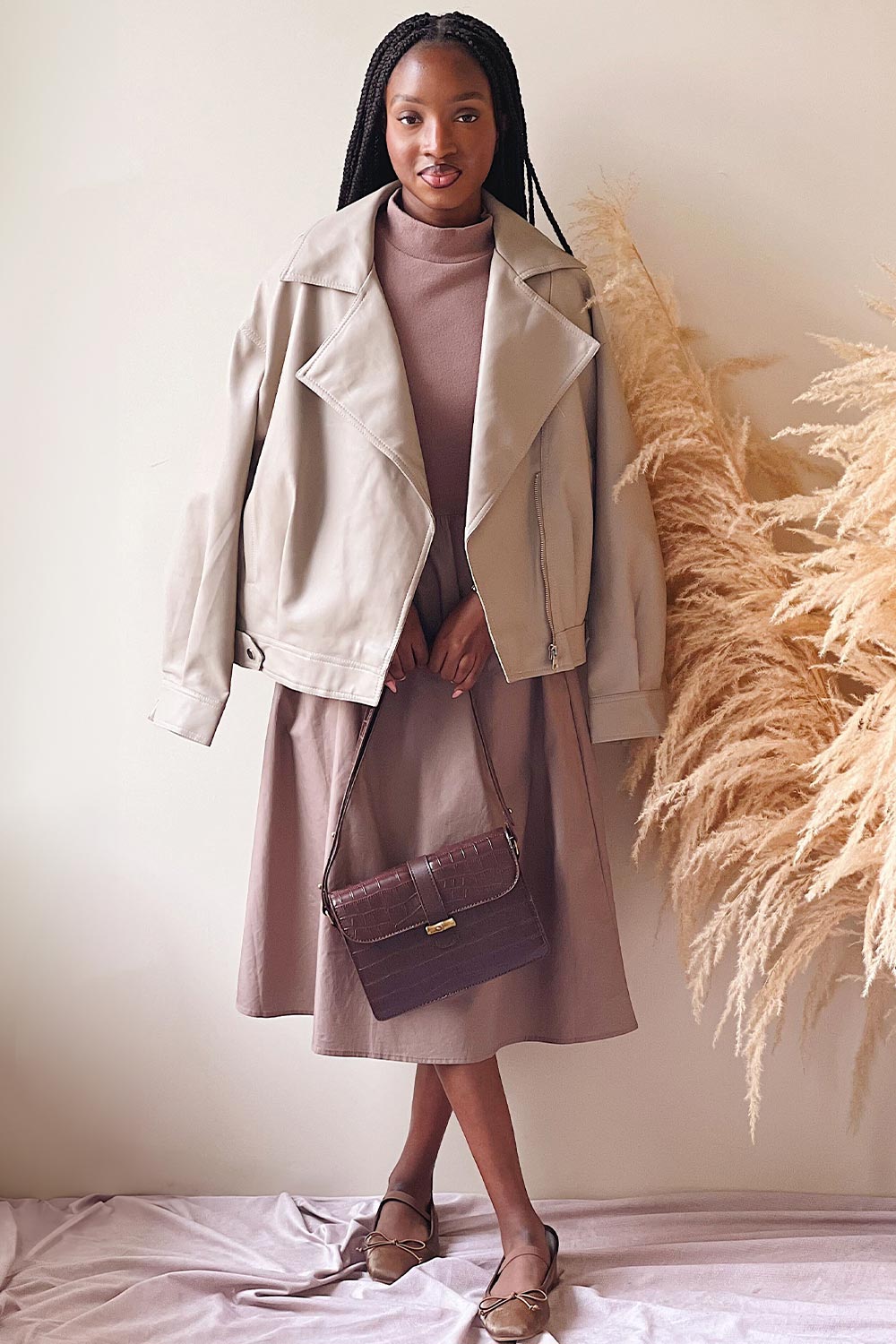 Nantes | Taupe Faux Leather Jacket on model boutique 1861