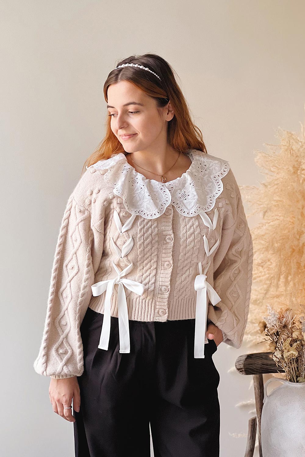 Sibylla | Beige Knit Cardigan w/ Ribbons on model