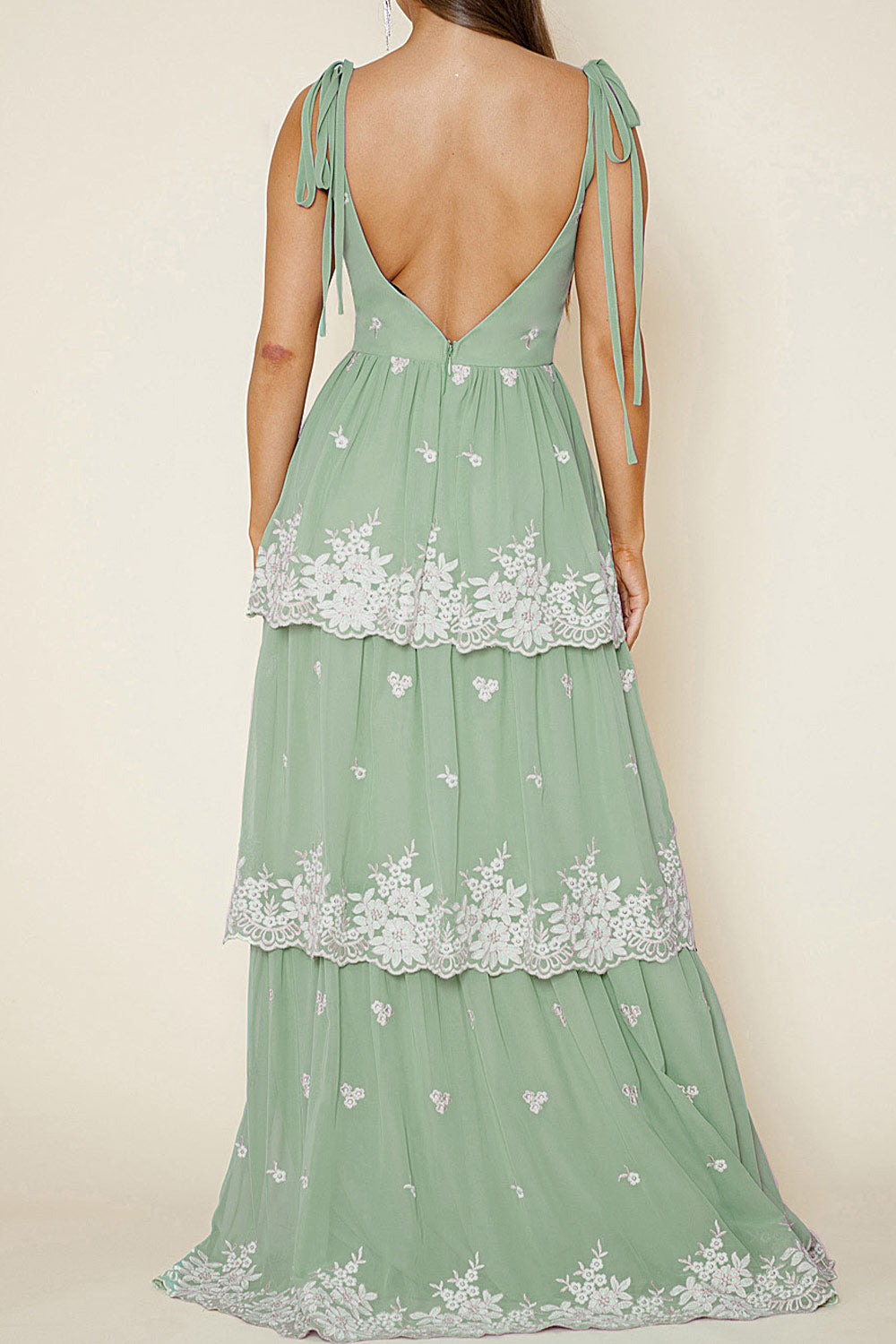 Taliana Sage | Chiffon Maxi Dress w/ Floral Embroidery