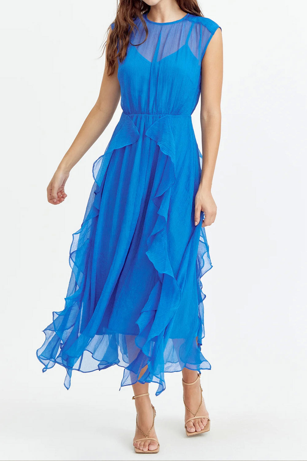 Talula Blue Midi Dress w/ Ruffles | Boutique 1861 on model front