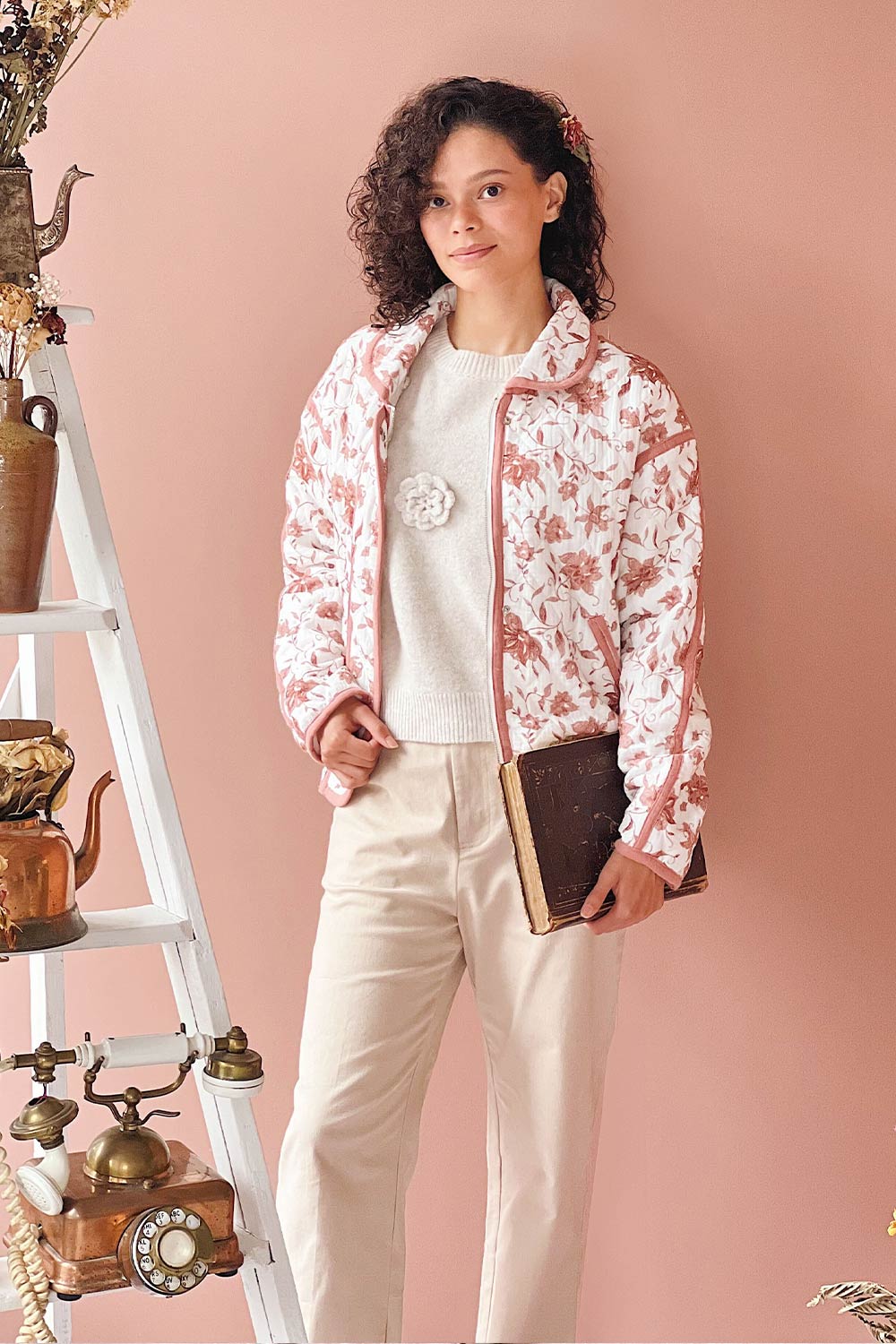 Wickette | White Quilted Coat w/ Floral Print on model