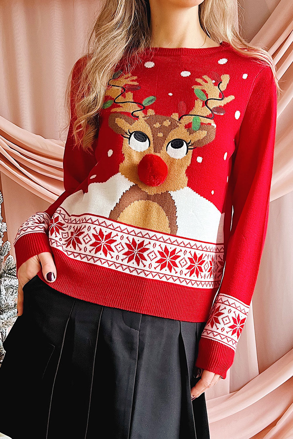 Woman wearing Rosebery Christmas Red Sweater with Reindeer from Boutique 1861 