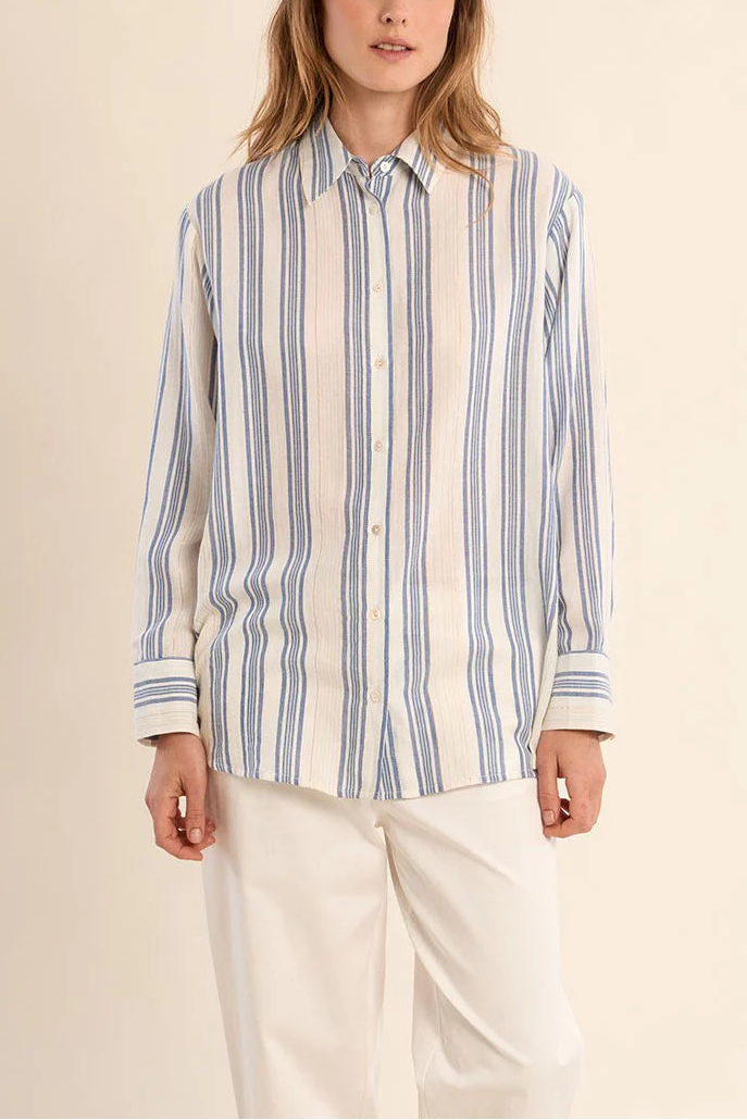 woman wearing Saharsa Blue Oversized Pinstripe Shirt from la petite garçonne