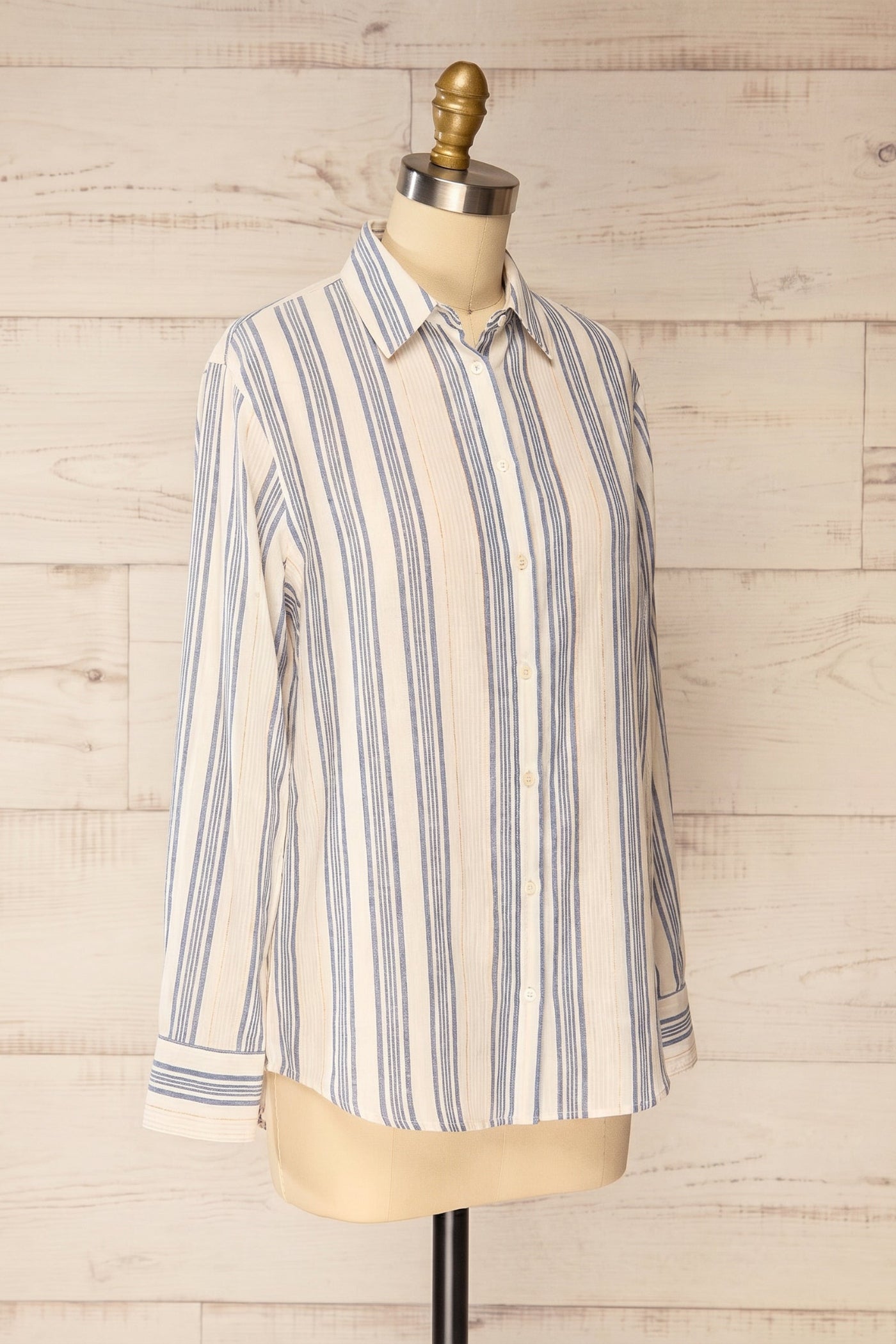 Profile of Saharsa Blue Oversized Pinstripe Shirt with Gold Metallic Detail at la petite garçonne
