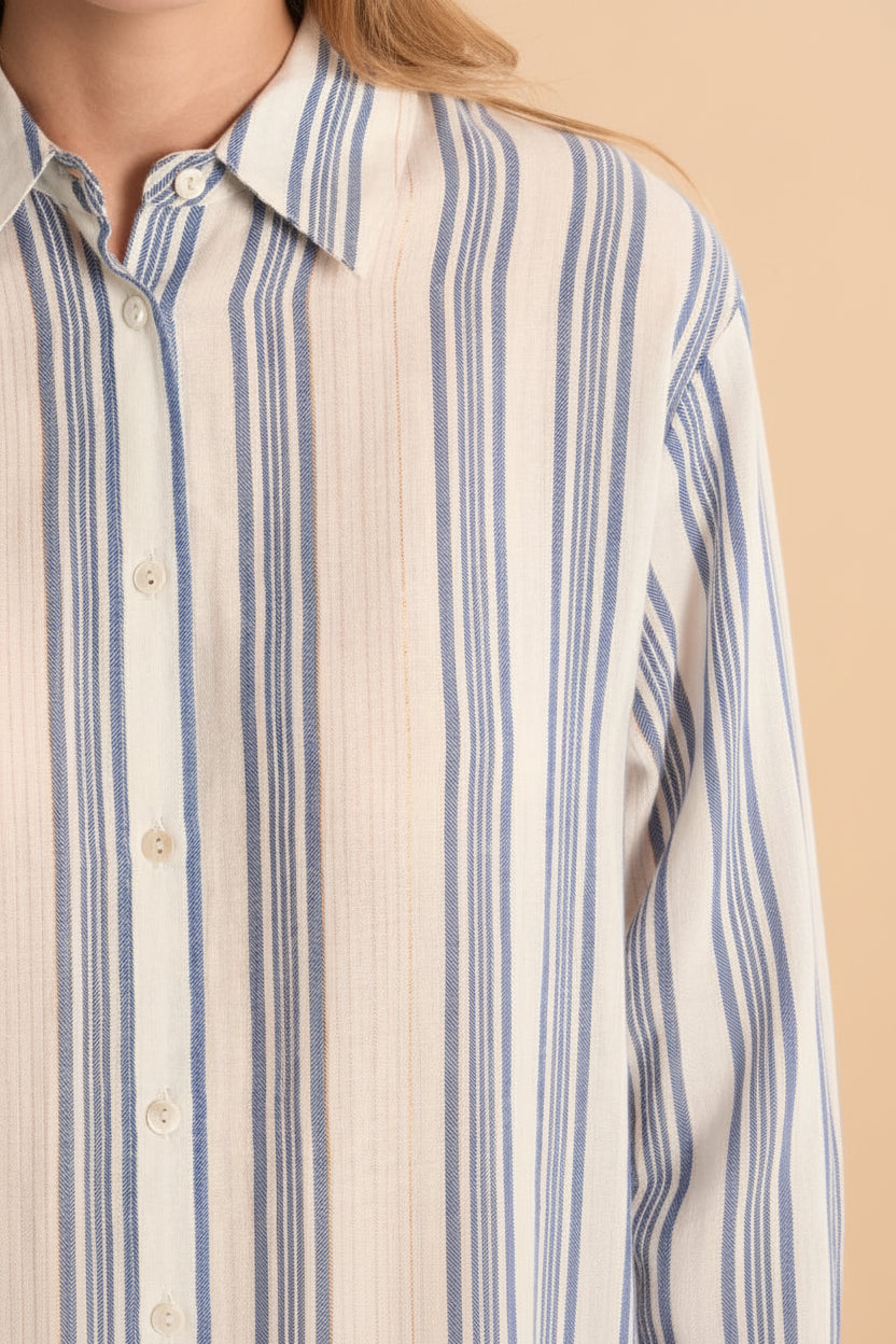 Close-up of Saharsa Blue Oversized Pinstripe Shirt with Gold Metallic Detail at la petite garçonne