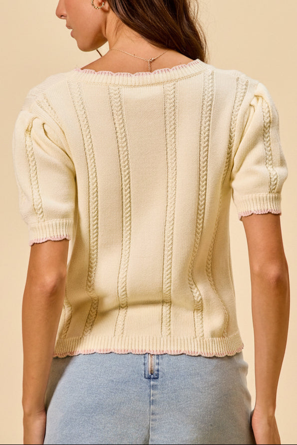 back view of a woman wearing Sanae Cream Floral Embroidered Scallop Edge Knit Cardigan from Boutique 1861 