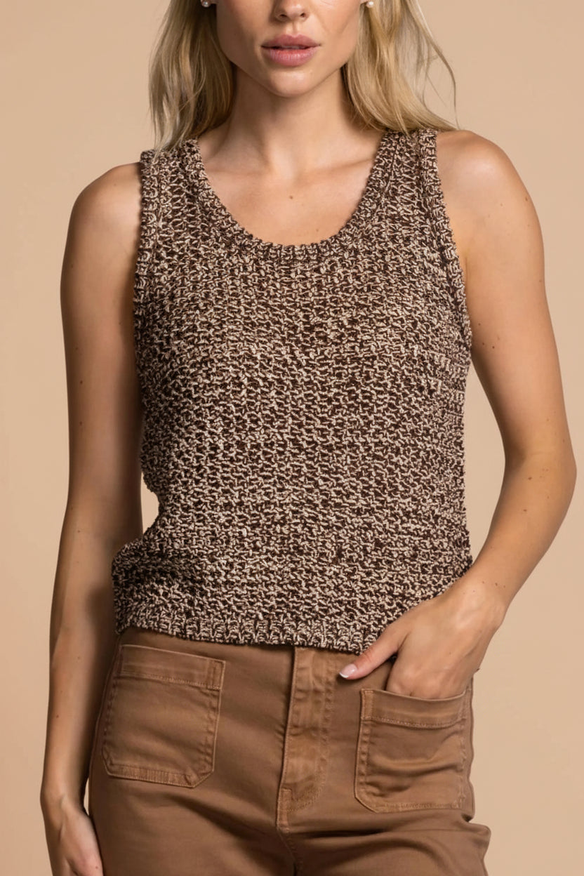front view of a woman wearing Sancola Brown Crochet Tank Top from La petite garçonne