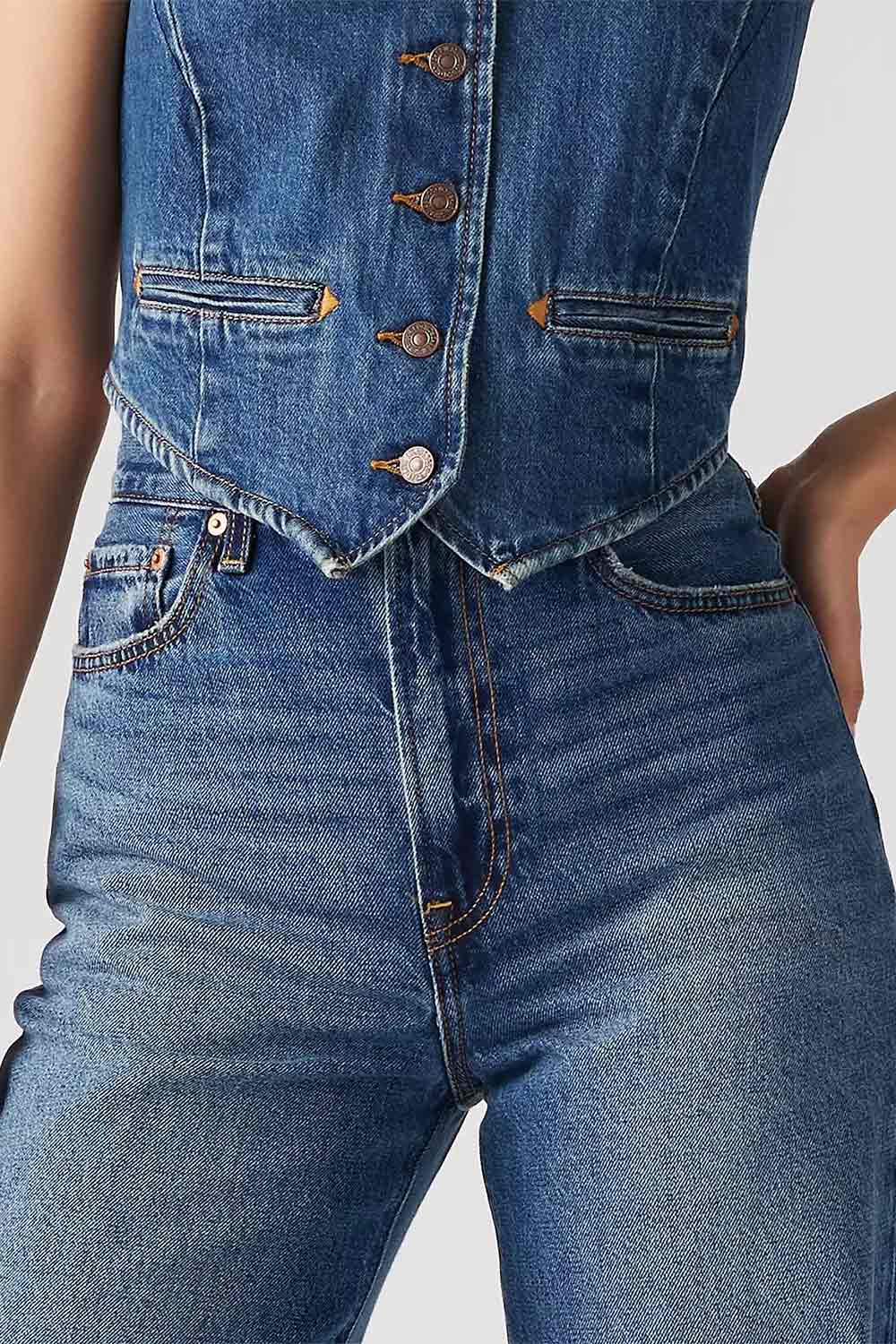 front close-up of a woman wearing Sarzana High Rise Blue Denim Pants from La petite garçonne 