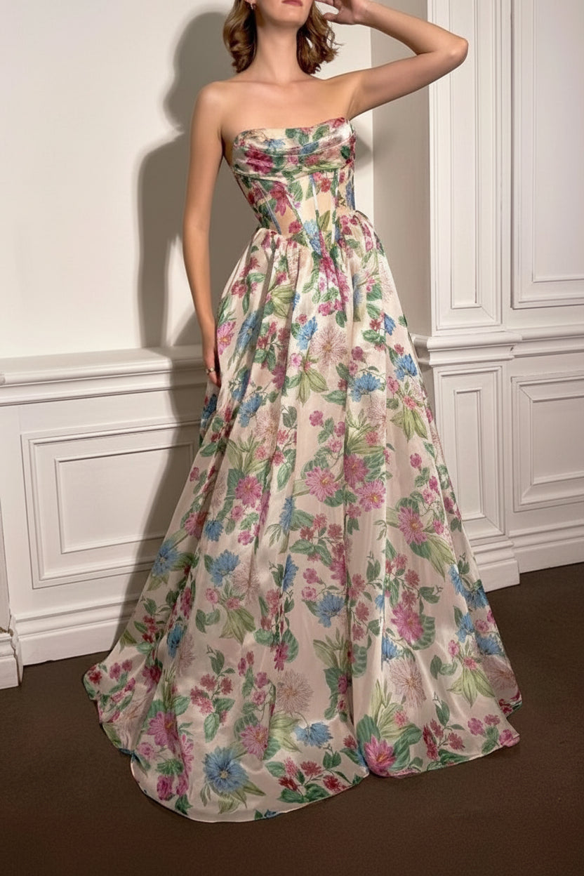 Scottie | Floral Corset Maxi Dress with Draped Bustier