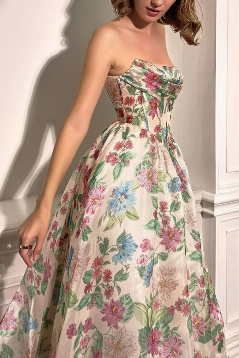 Scottie | Robe Corset Maxi Fleurie avec Bustier Drapé