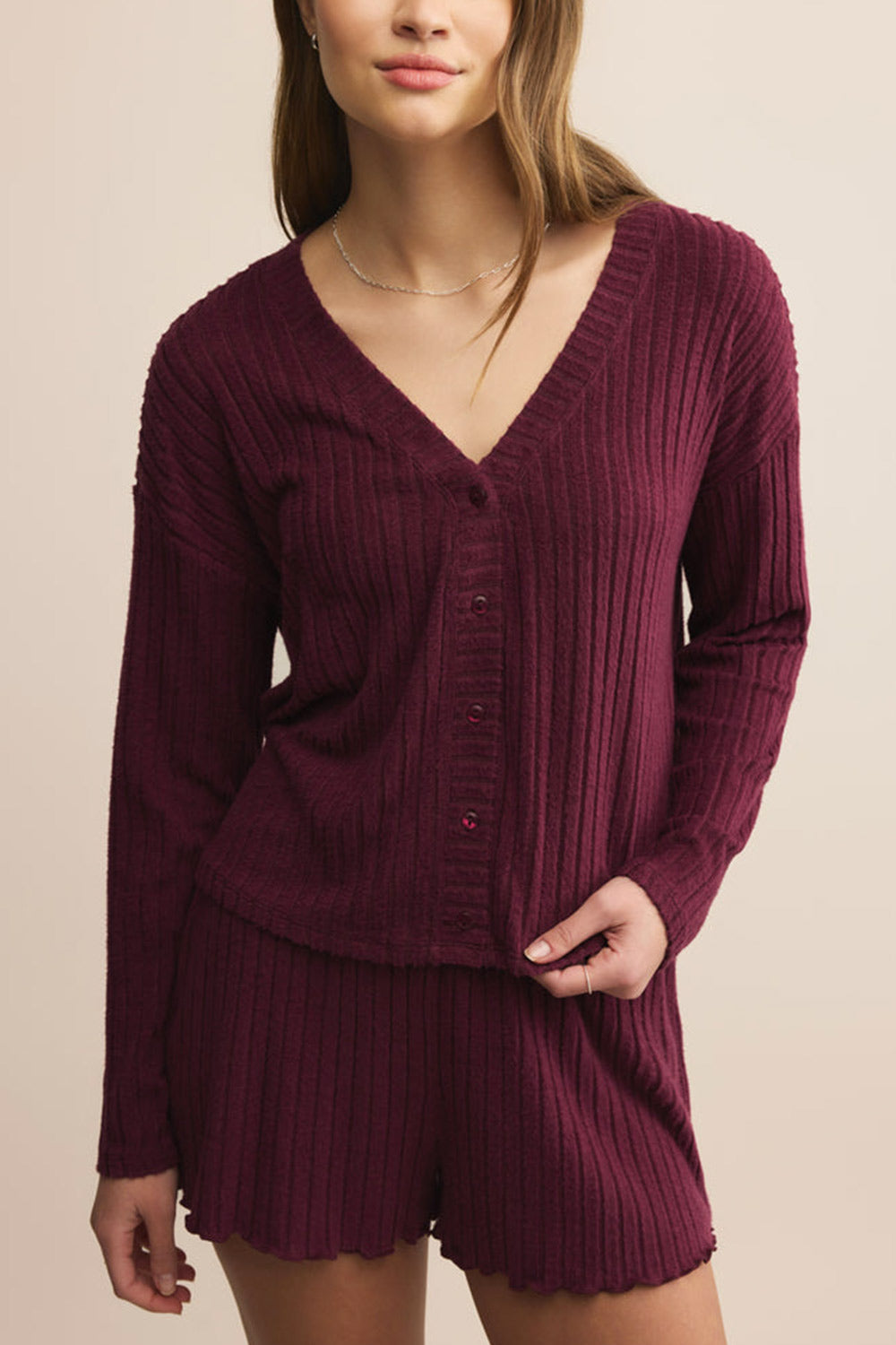 Sefra Soft Ribbed Knit Burgundy Cardigan | La petite garçonne front model