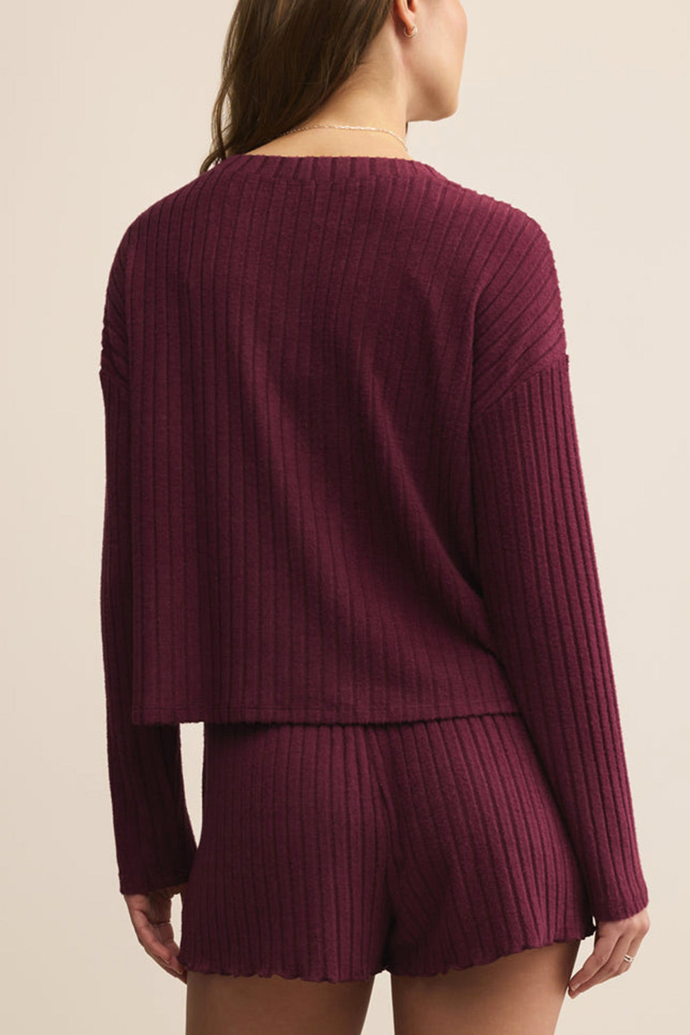 Sefra Soft Ribbed Knit Burgundy Cardigan | La petite garçonne back model