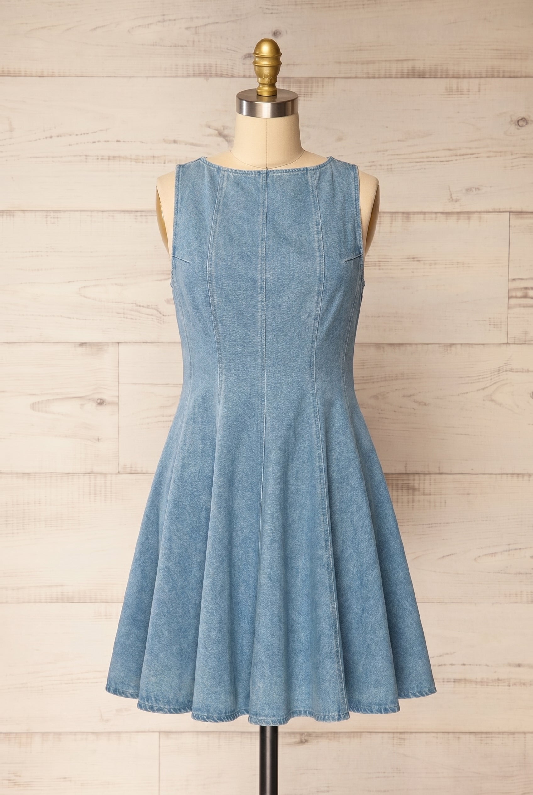Frontview of Sorrento Blue Sleeveless Denim Short A-Line Dress at la petite garçonne