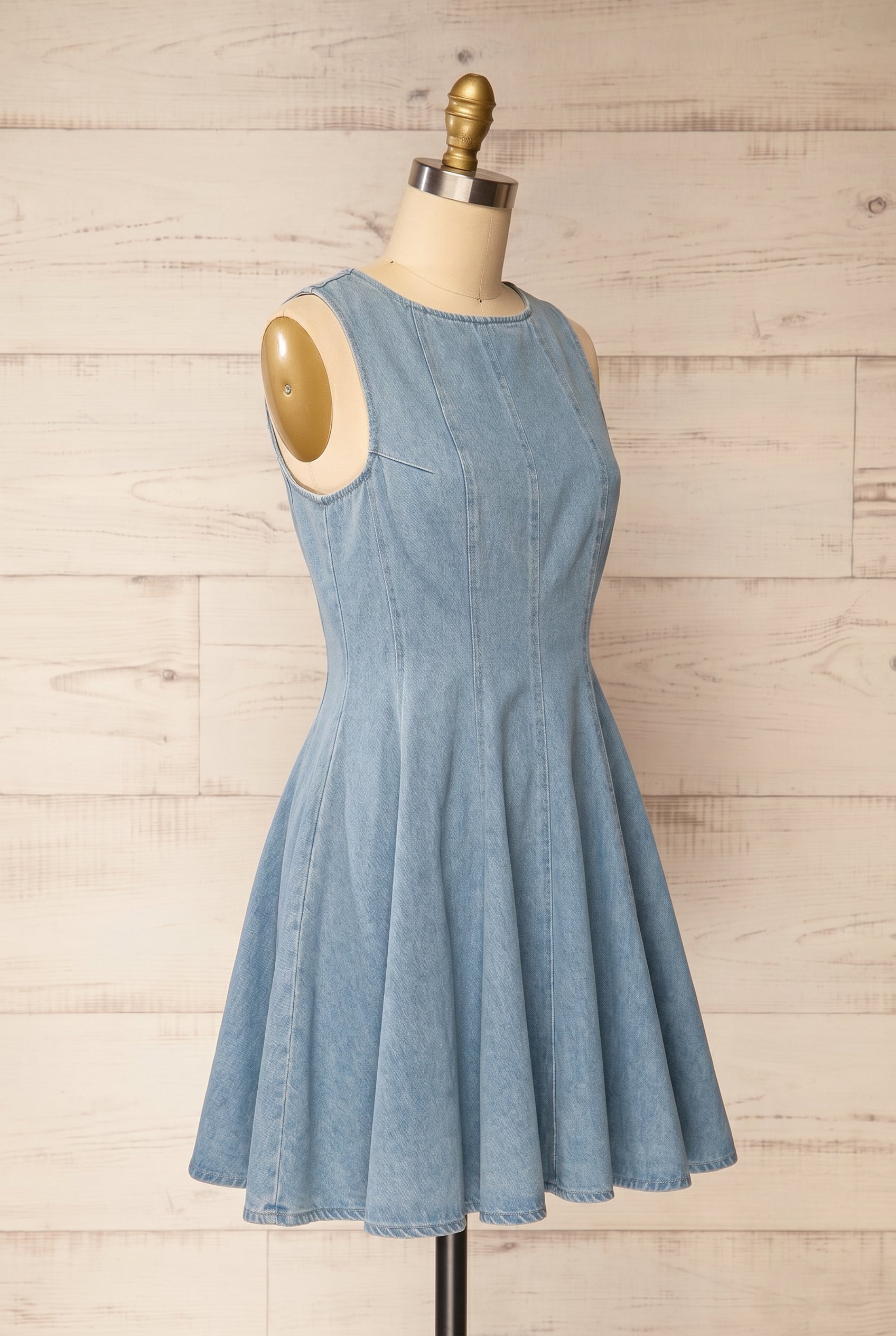 Profile of Sorrento Blue Sleeveless Denim Short A-Line Dress at la petite garçonne