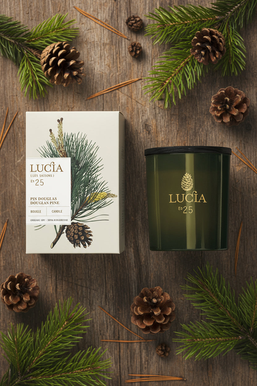 55 hours Lucia Douglas Pine candle and packaging with pine cone design 