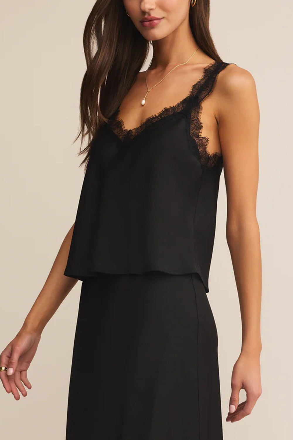 Suva Black V-Neck Satin Tank Top | La petite garçonne side model