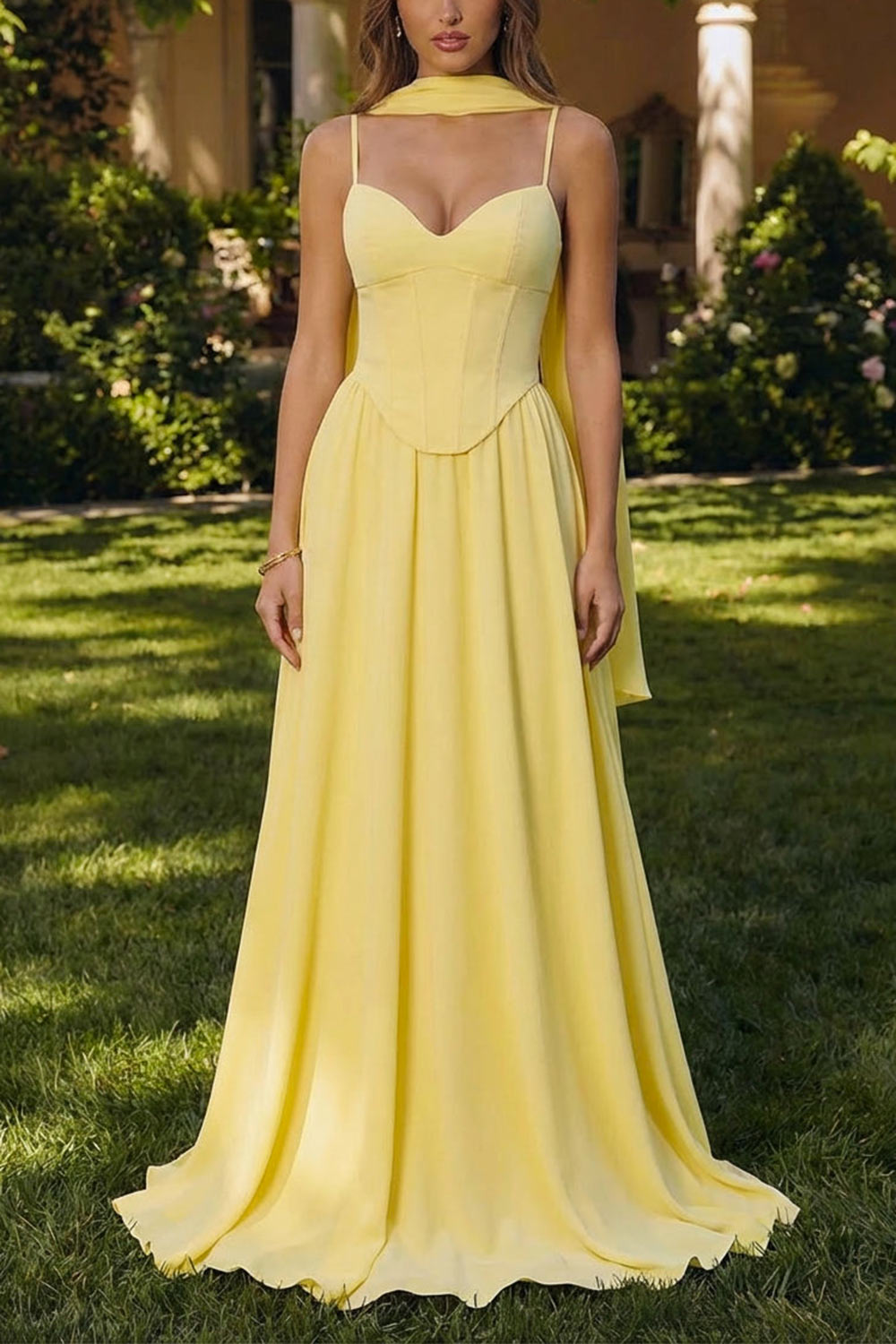 front of a woman wearing Syana Light Yellow Long Chiffon Corset Dress with Scarf from Boutique 1861