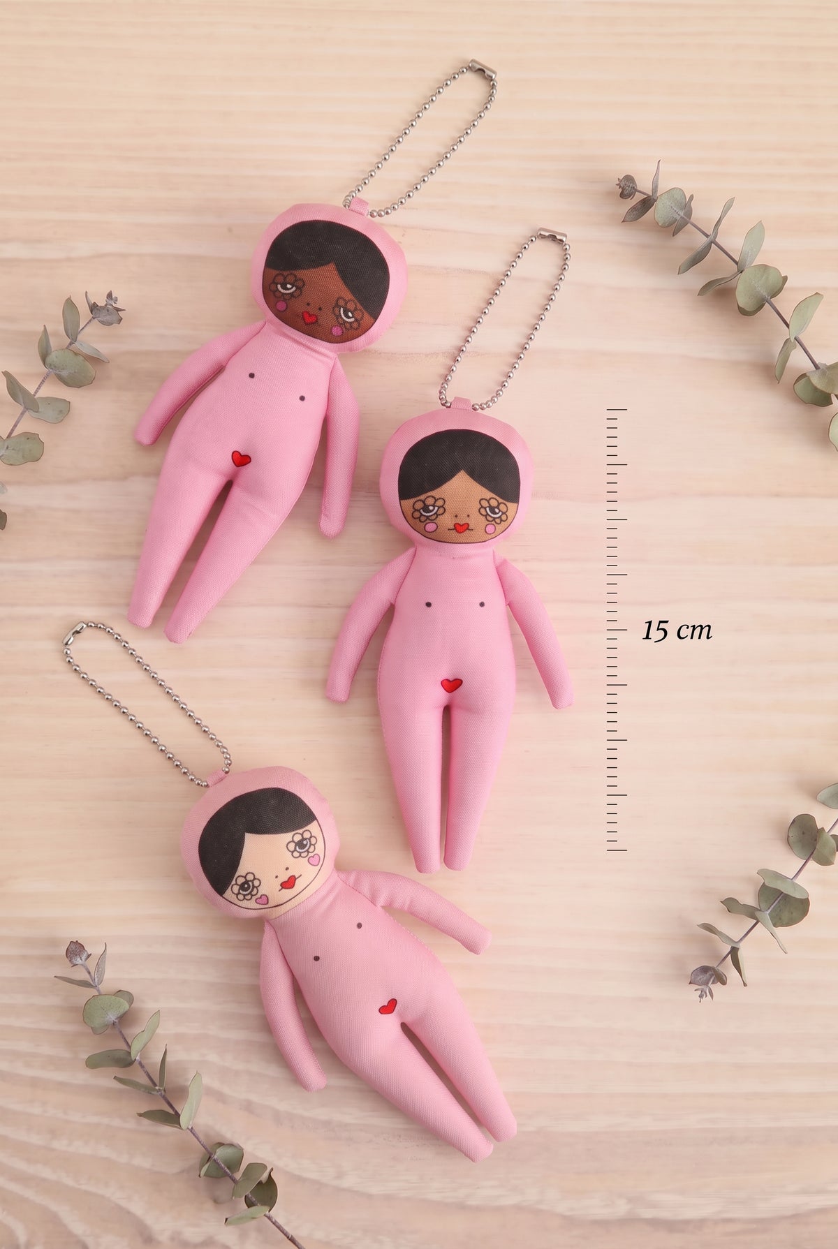 top view of Safia Pink Jumpsuit Doll Bag Charm 15 cm height measurement at Maison garçonne