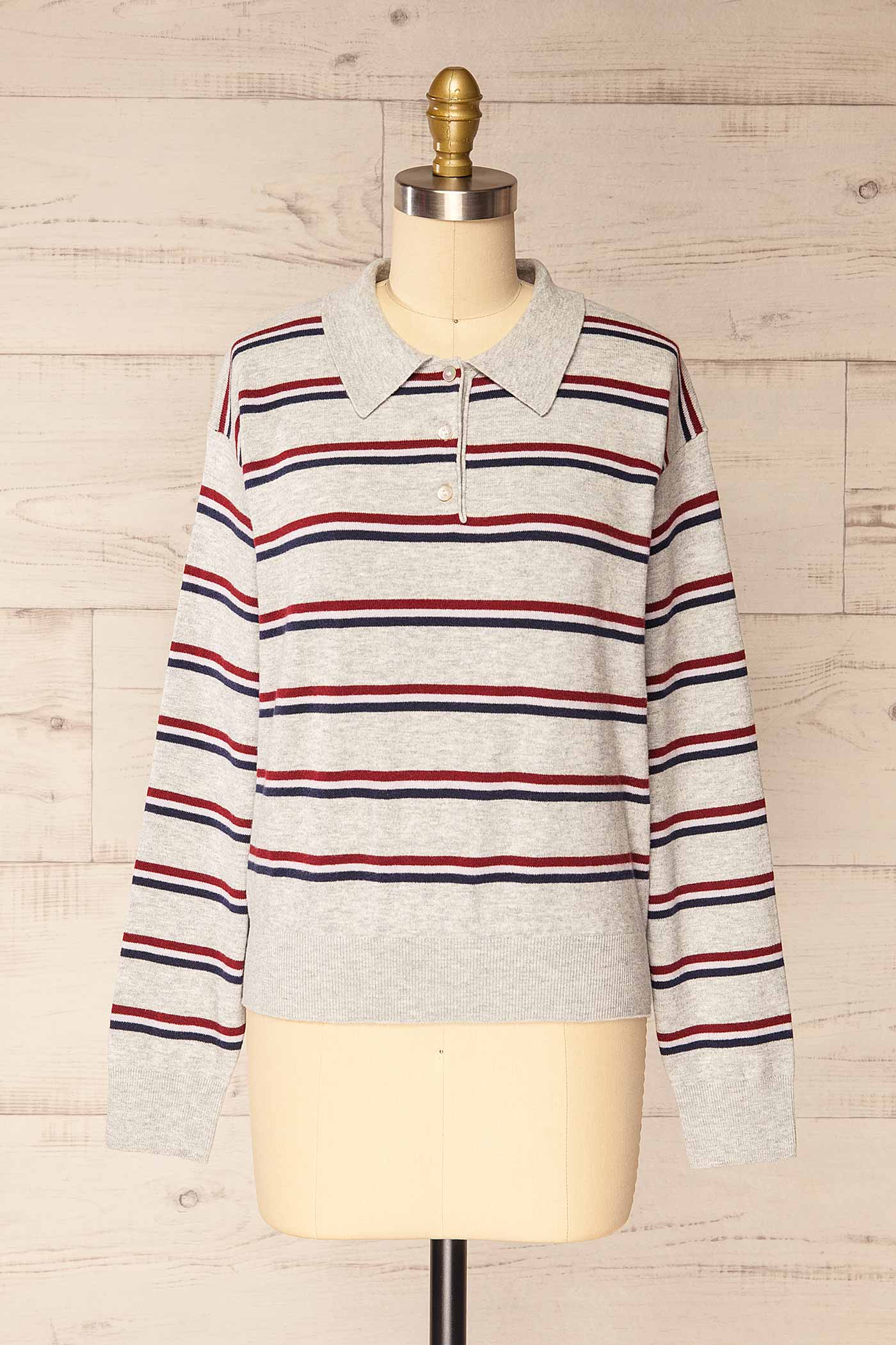 Sahuayo Grey Striped Long Sleeve Polo Top | La petite garçonne front