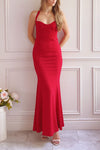 Sandra Red Halter Mermaid Maxi Dress w/ Open Back | Boutique 1861 on model