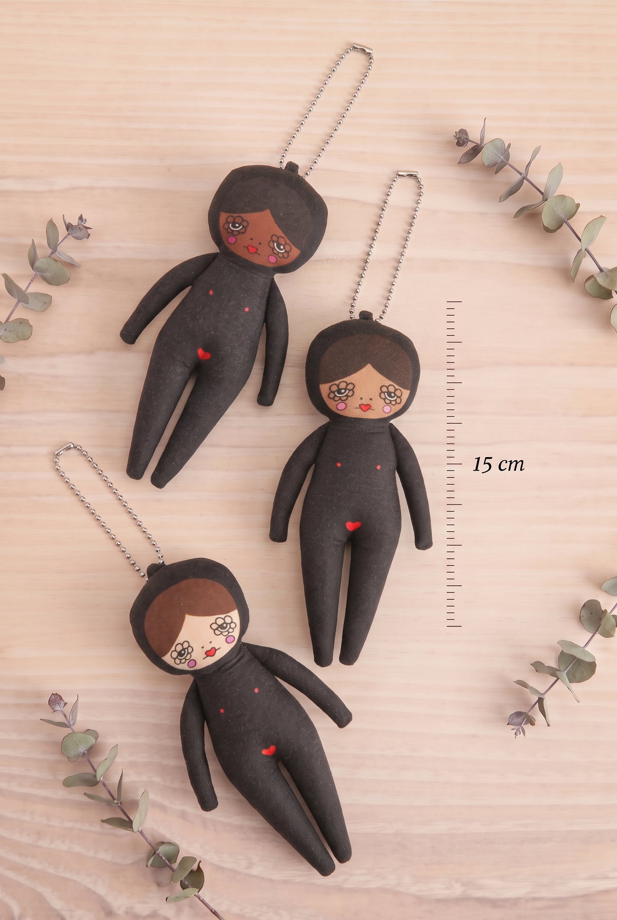 top view of 3 Selma Black Jumpsuit Doll Bag Charm 15 cm height at Maison garçonne