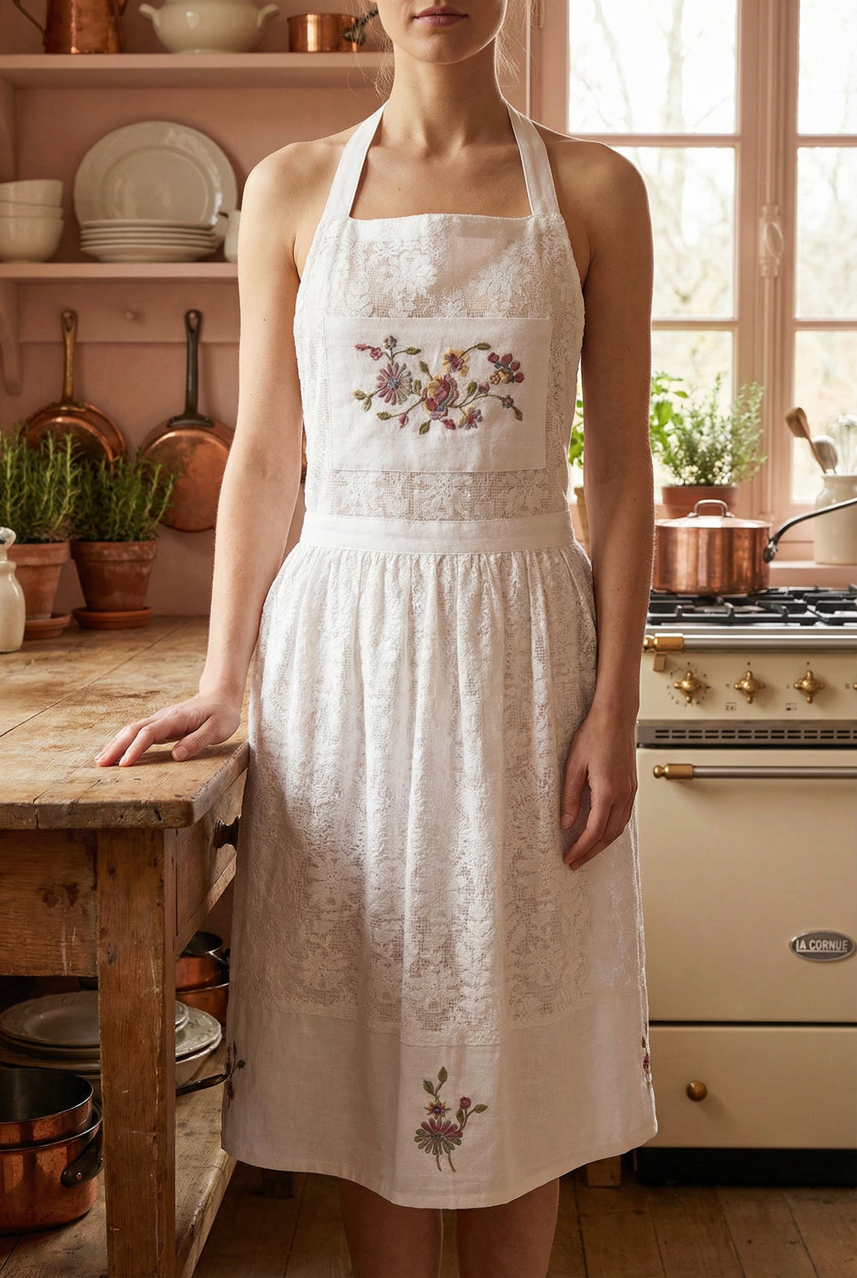 woman wearing Sevyn White Floral Embroidered Lace Apron by April Cornell in a kitchen
