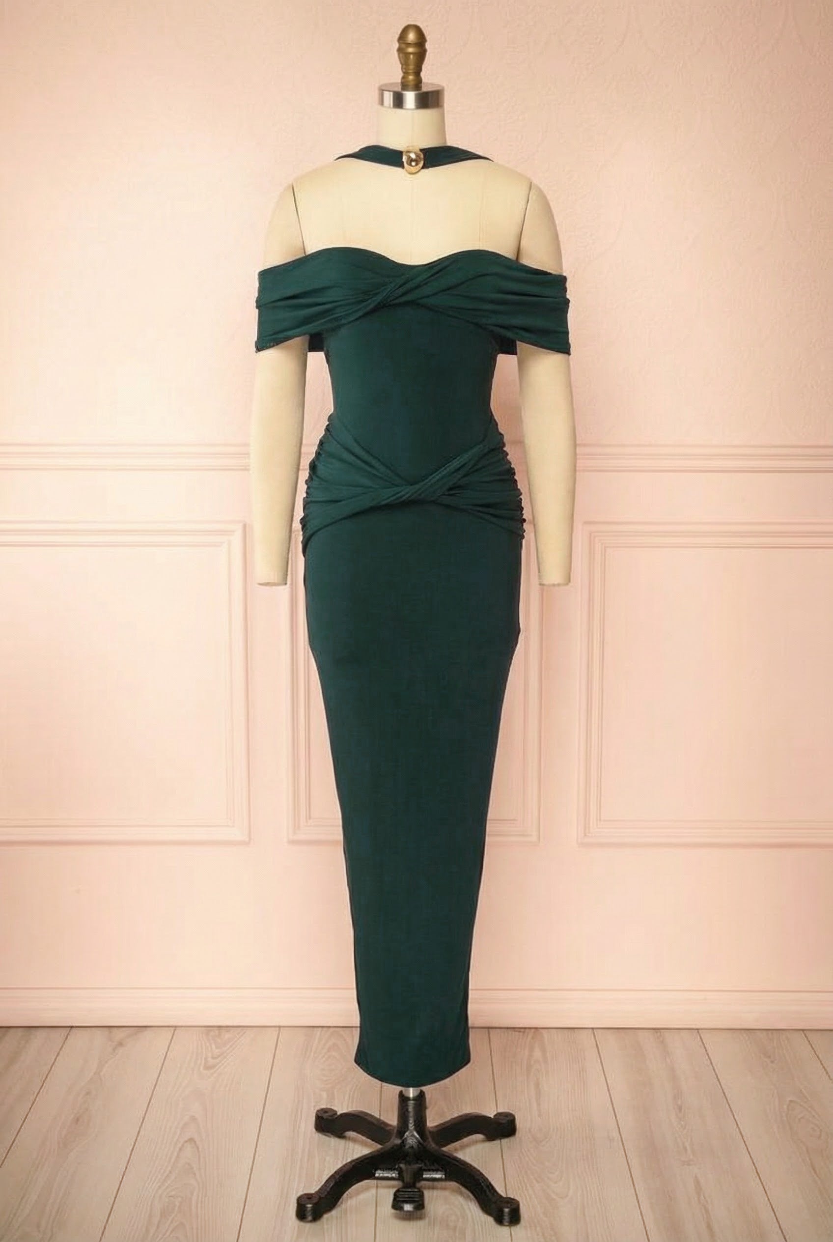 Sharla Green Off-Shoulder Halter Strap Fitted Dress | Boutique 1861