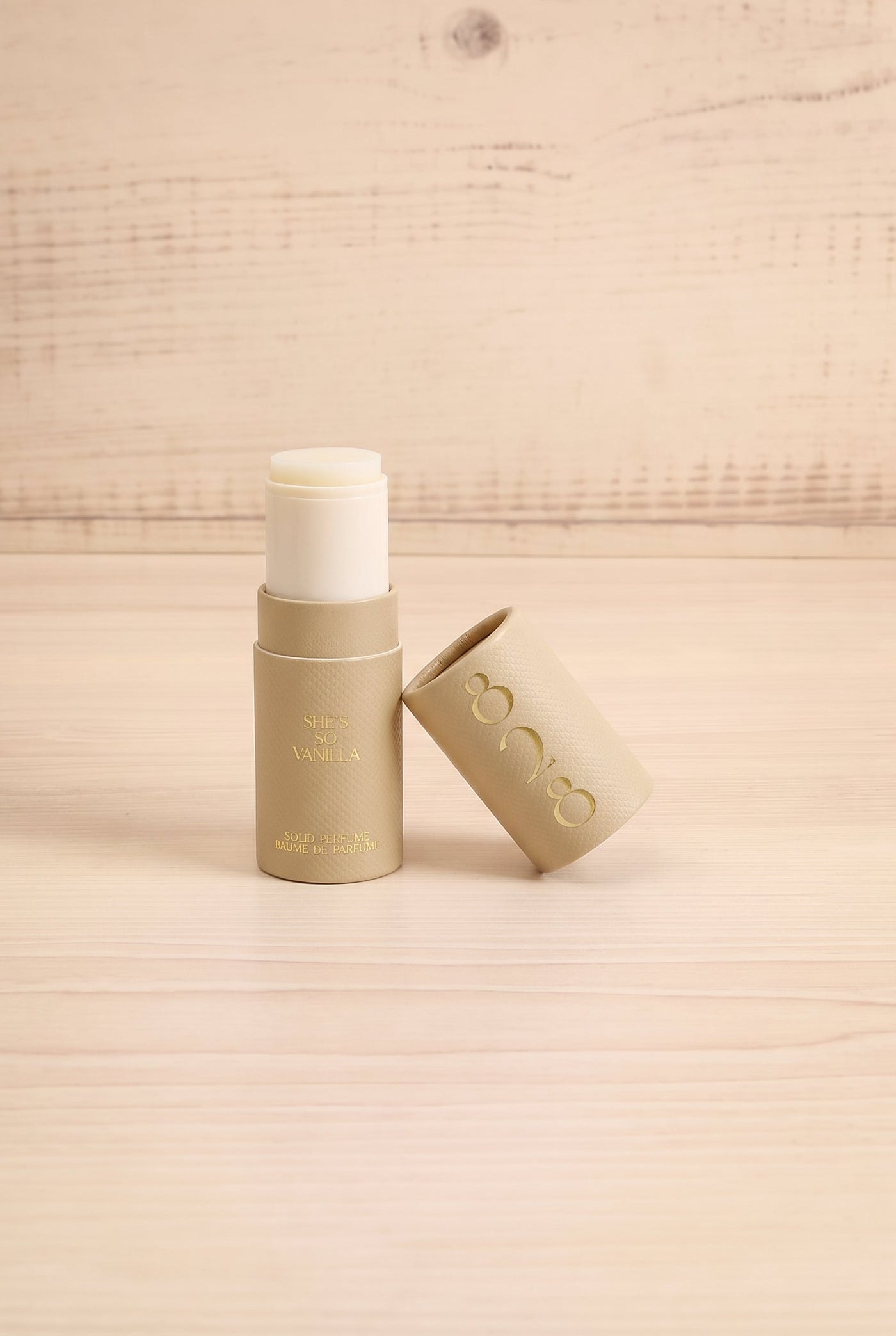 Front view of the She's so Vanilla solid perfume by 828 Aroma open, handmade in Canada and available at Maison Garçonne.