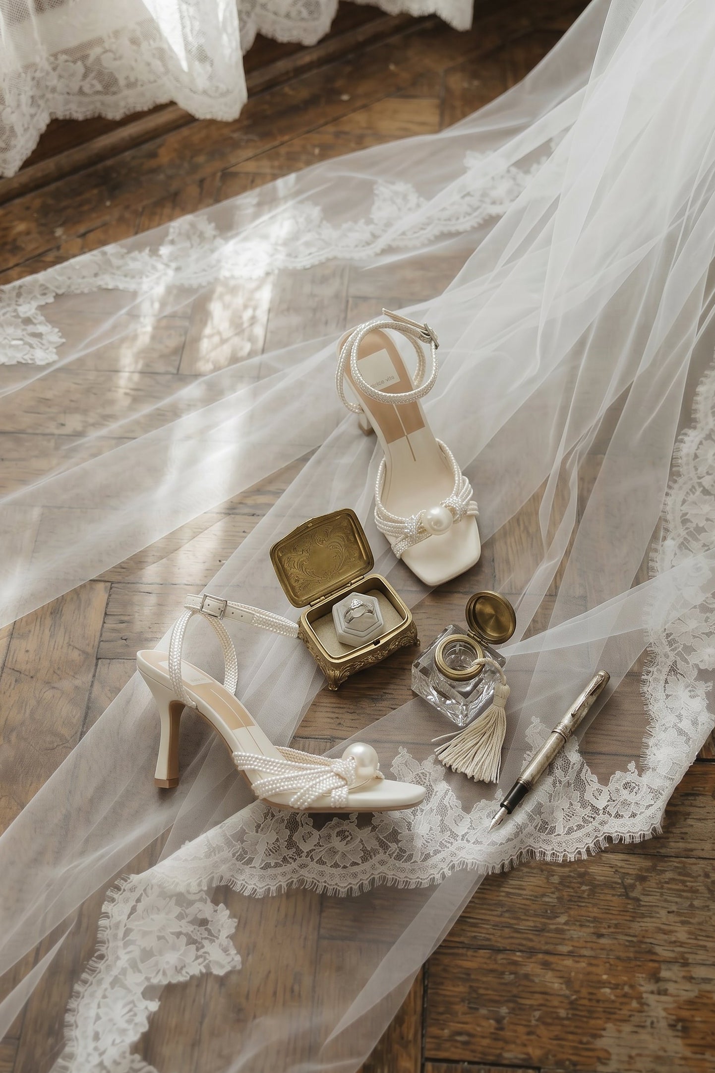 Artistic shot of Priel Ivory Braided High Heel Sandals with Pearl Detail from Dolce Vita at boutique 1861