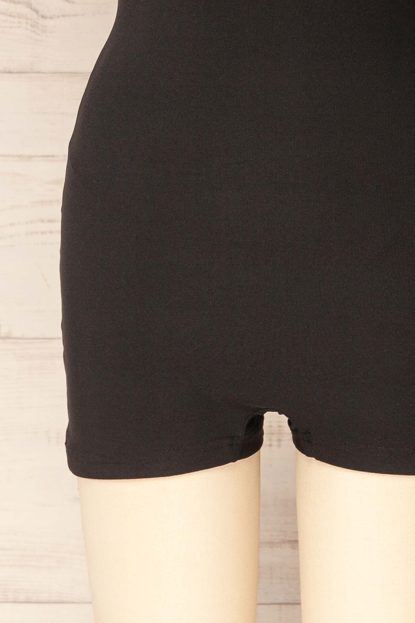 Sirsa Black A-Line Mini Dress with Built-In Shorts | La petite garçonne botton right view with the build-in shorts