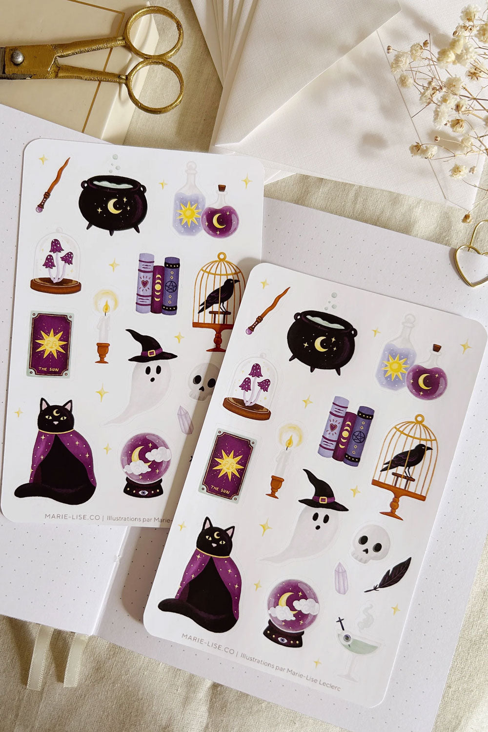 Photo of Spooky Sticker Sheet on on a flatlay background with fabric